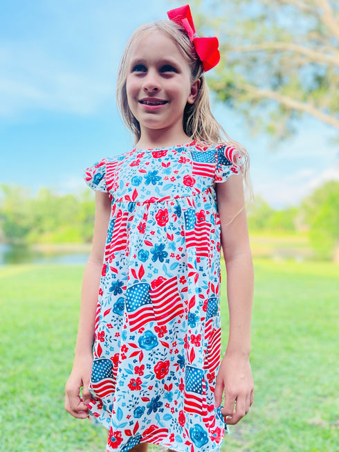 Girls Boho Patriotic Dress with Matching Bow - Bowtism